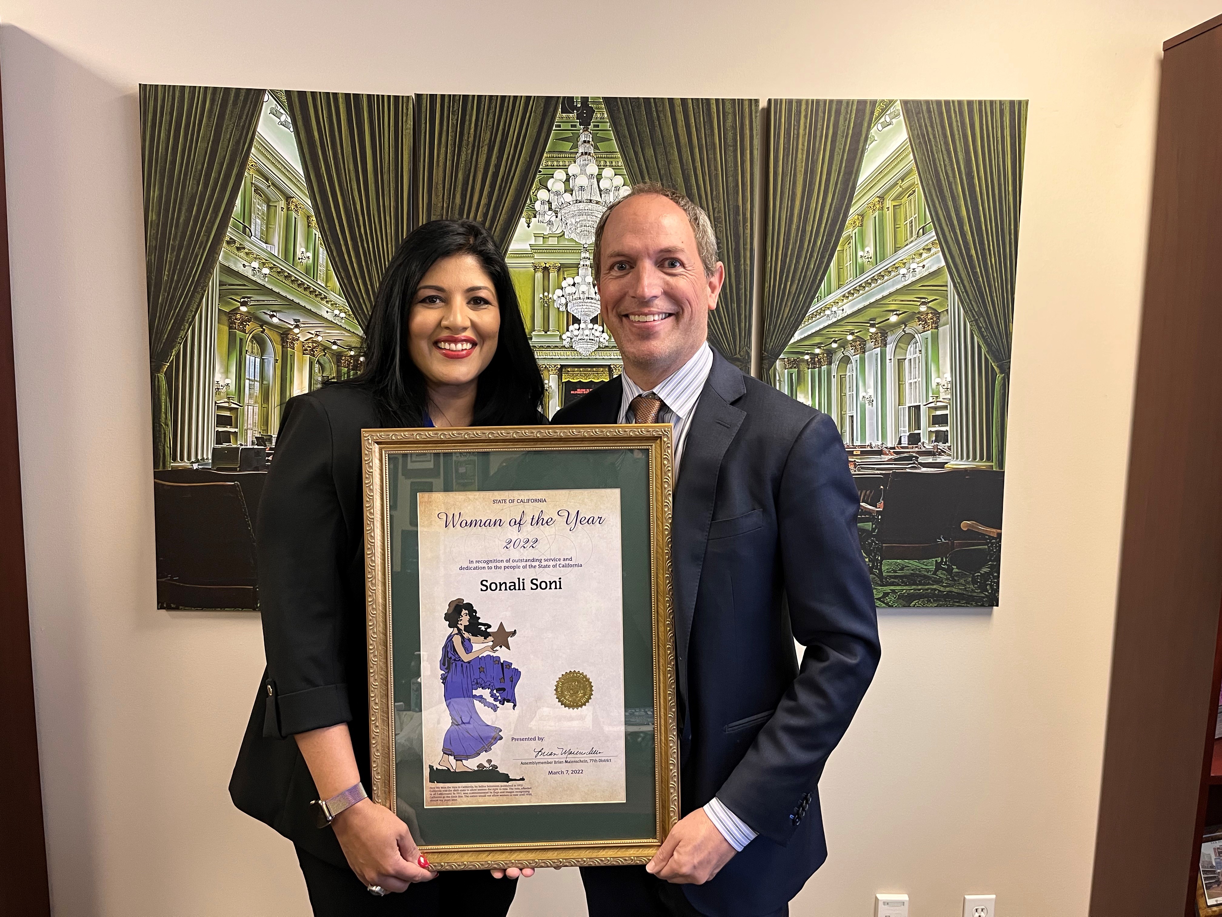 Assemblymember Brian Maienschein Recognizes Sonali Soni as the 77th Assembly District’s “Woman of the Year”
